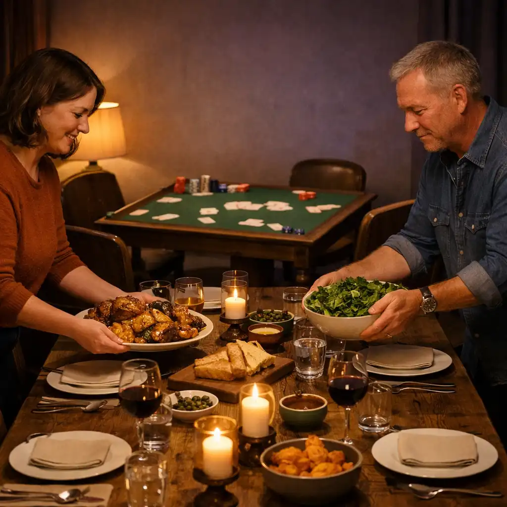 Hands placing shared autumn dishes along a long restaurant table prepared for a friendly gathering.