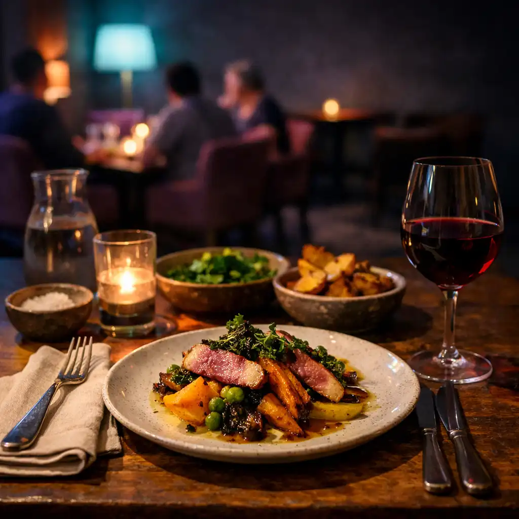 A seasonal plated dish with shared place settings beside softly lit lounge seating.