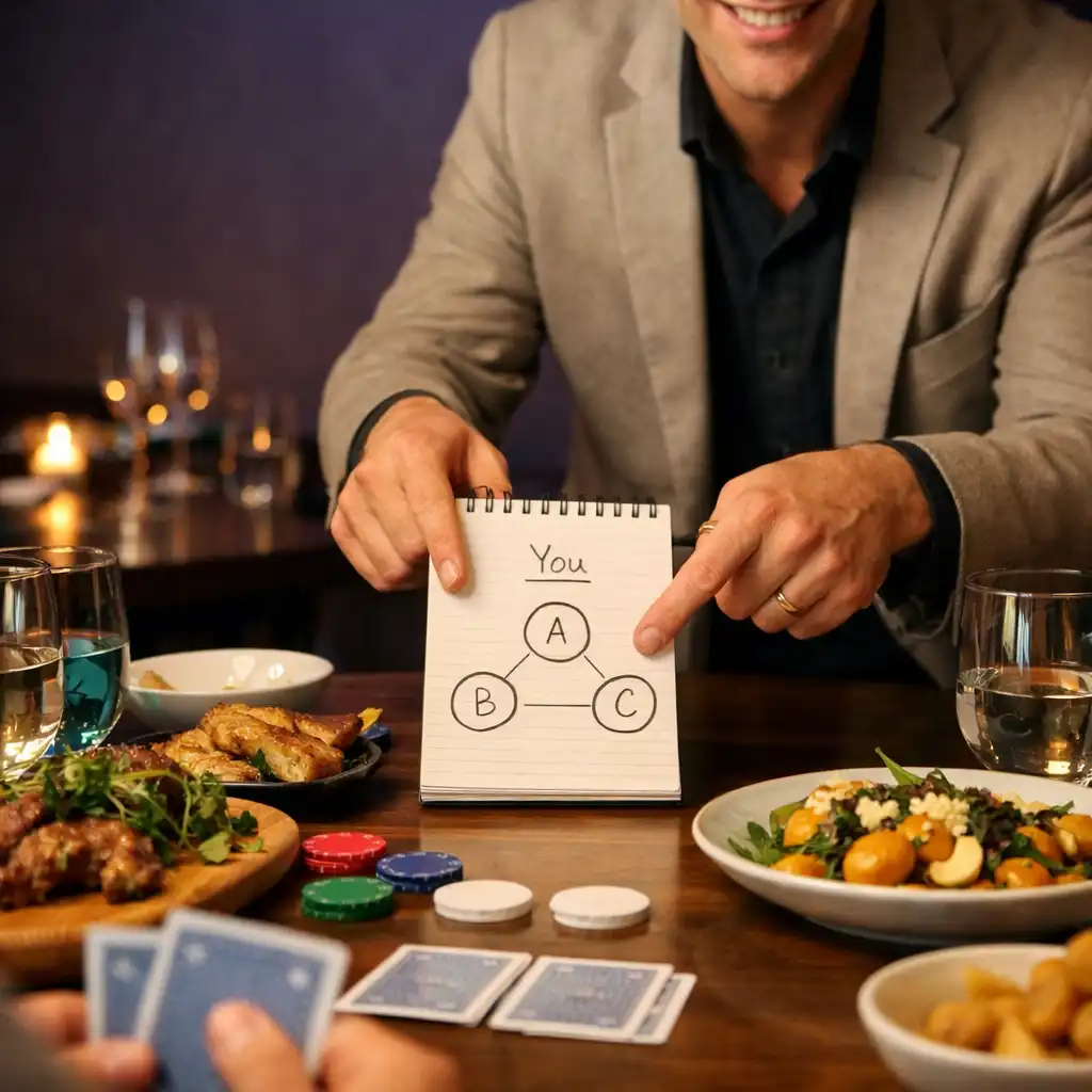 Restaurant host guiding a card-table gathering beside shared dishes and a neatly arranged place setting.