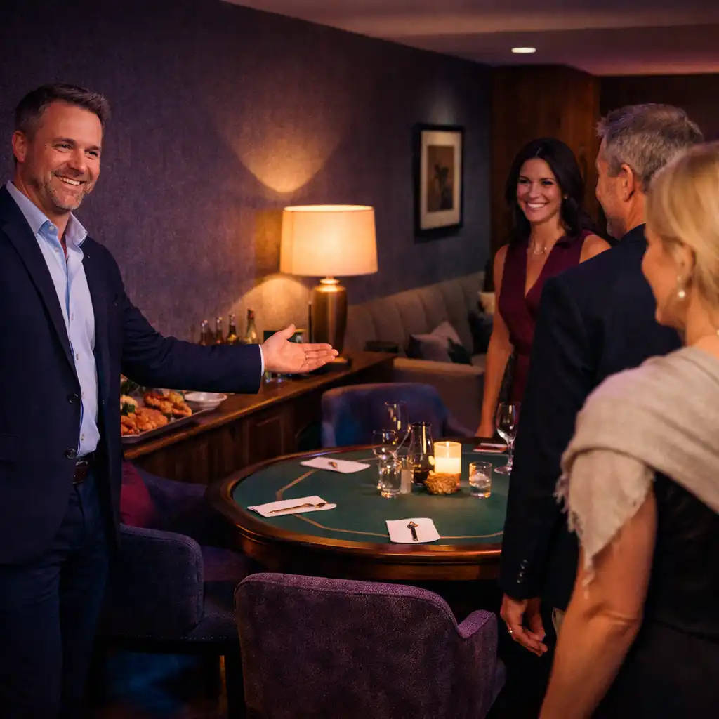 A restaurant host welcoming guests into a private dining and card-lounge area.