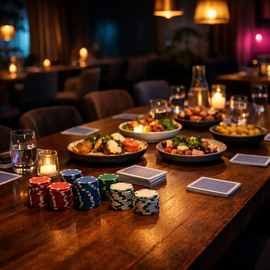 A warmly lit late-night restaurant table set with shared dishes, water glasses and a compact deck of cards.