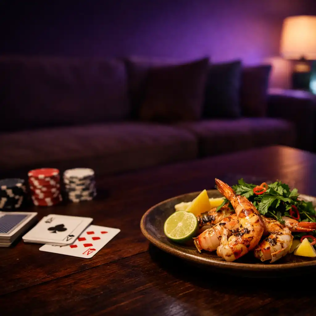 Late-summer share plate with grilled prawns, herbs and citrus beside a tidy card-lounge table setting.