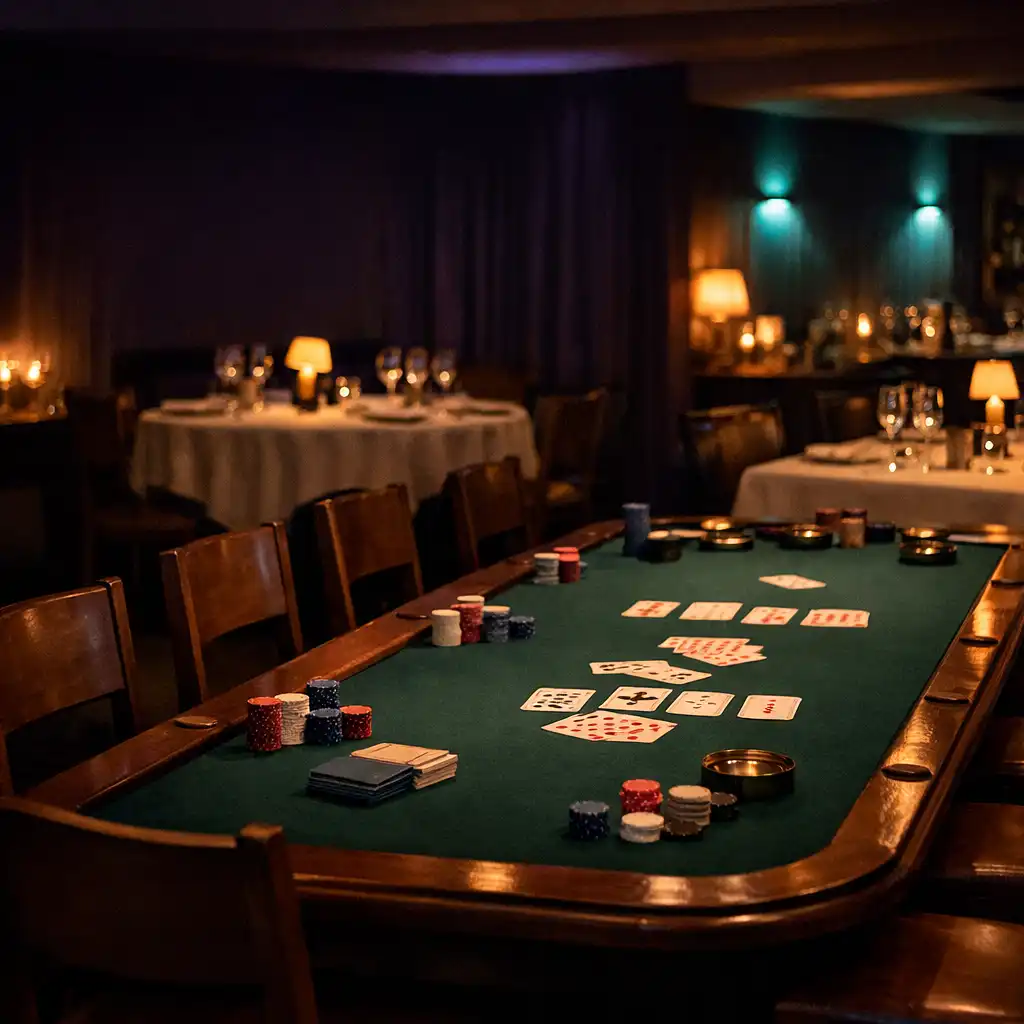 A refined dining table in a Melbourne-style card lounge with timber chairs and warm place settings.