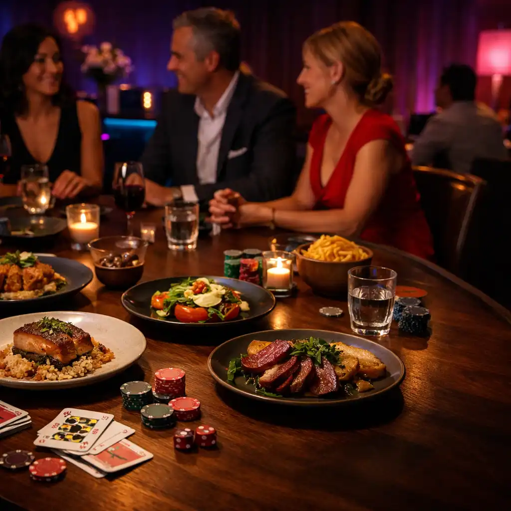 Diners enjoying plated dishes around a timber table in a late-night Melbourne card lounge.