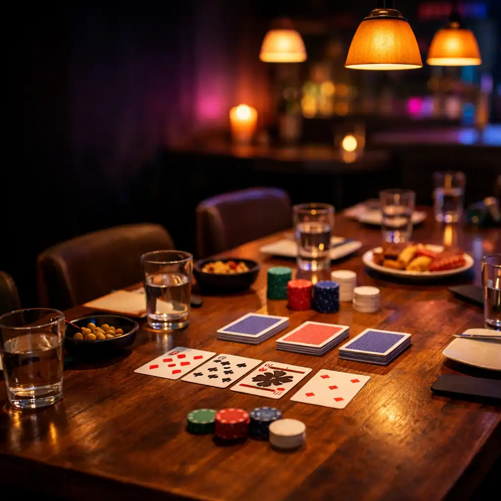 Long restaurant table set for an in-person card-lounge gathering with small plates, water glasses, cards and table props.