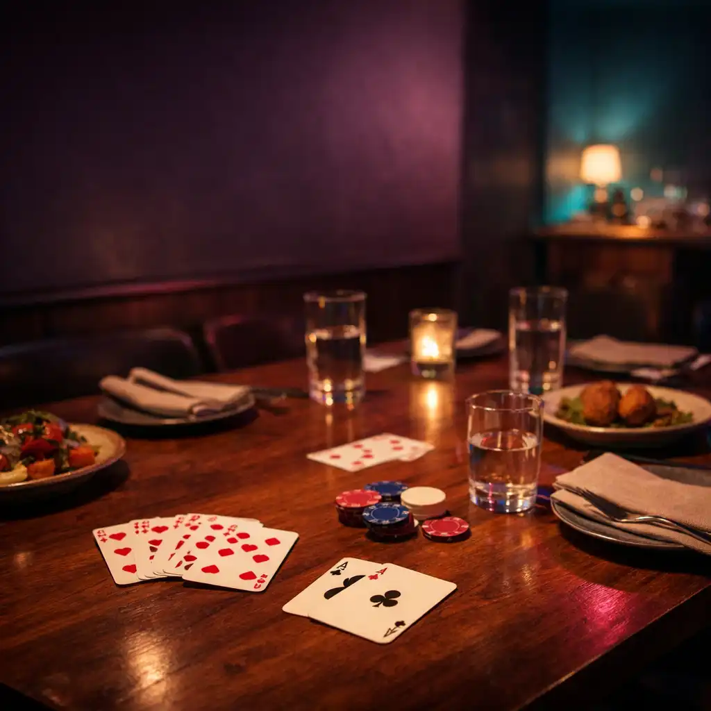 A restaurant dining table with shared plates, water glasses and a contained card layout in a late-night lounge setting.
