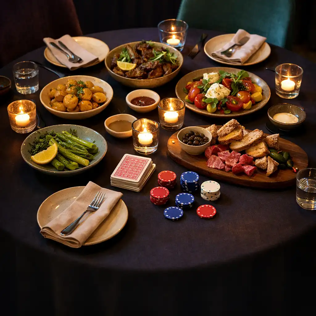 A carefully set round restaurant table with shared dishes, menus and a deck of cards.