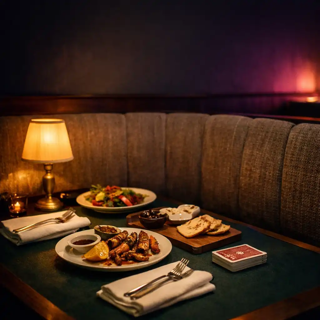 A softly lit restaurant booth with shared plates and a tidy deck of cards beside the meal