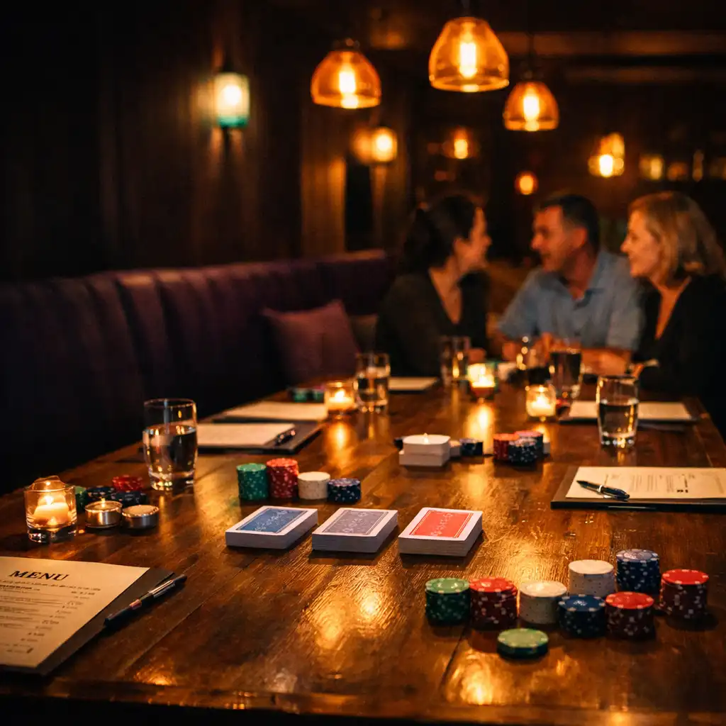 A warmly lit restaurant table set for dinner and a relaxed in-person card session