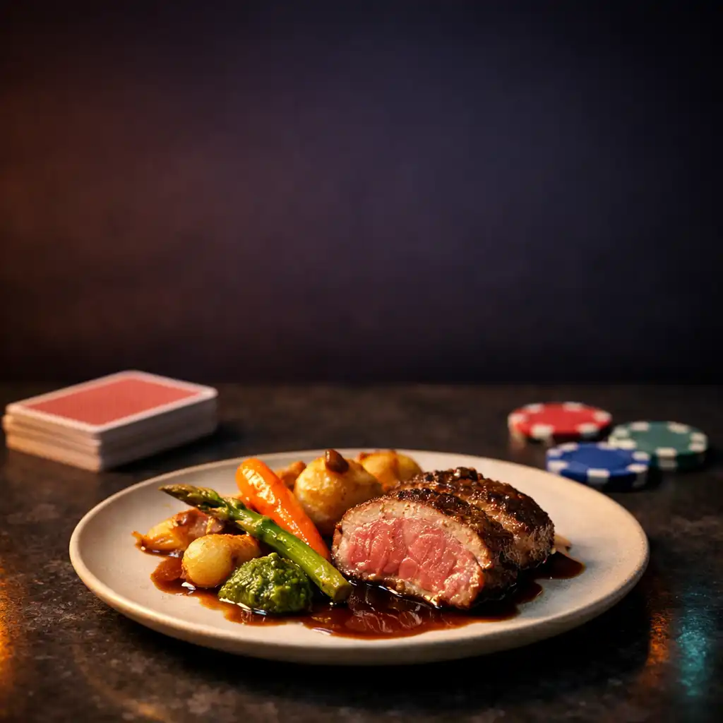 A seasonal plated main beside a modest face-down deck of cards on a restaurant table.