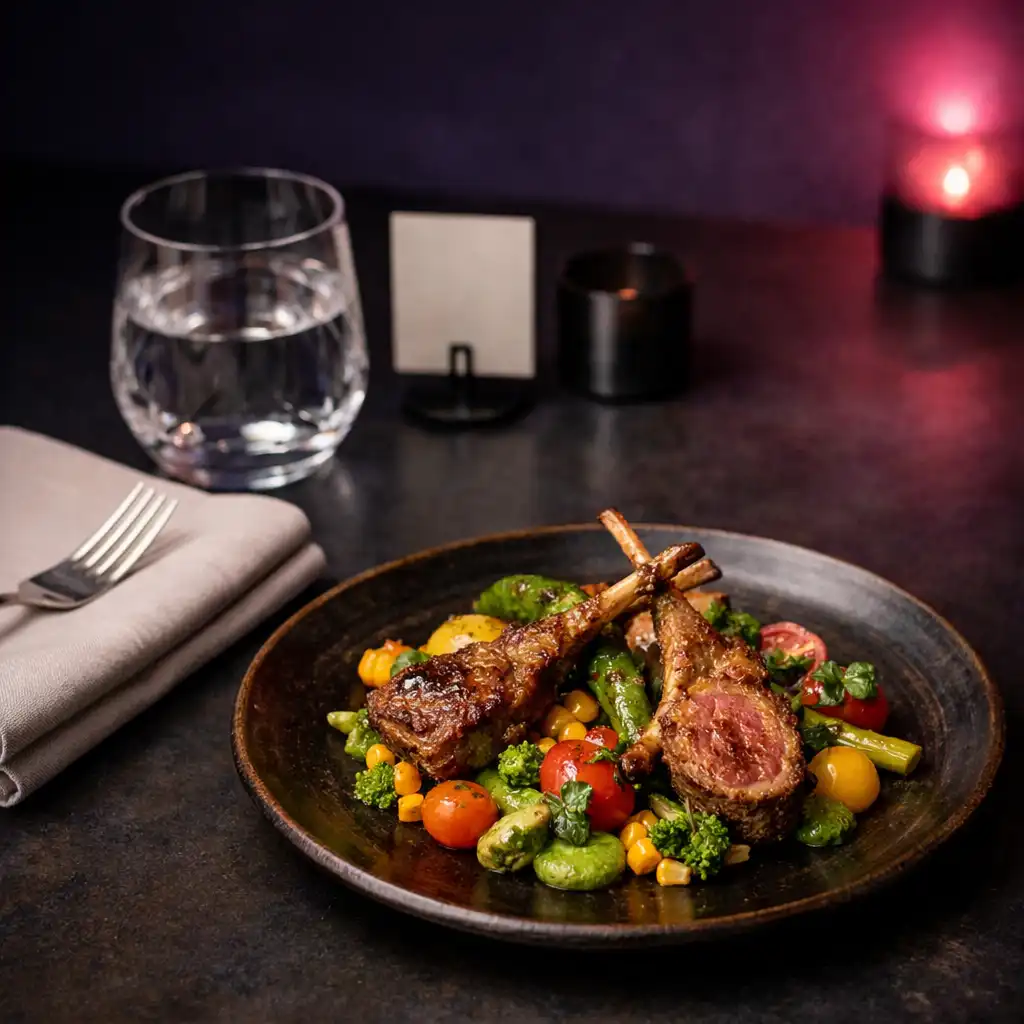 A seasonal dish beside the corner of a neatly arranged restaurant card table.