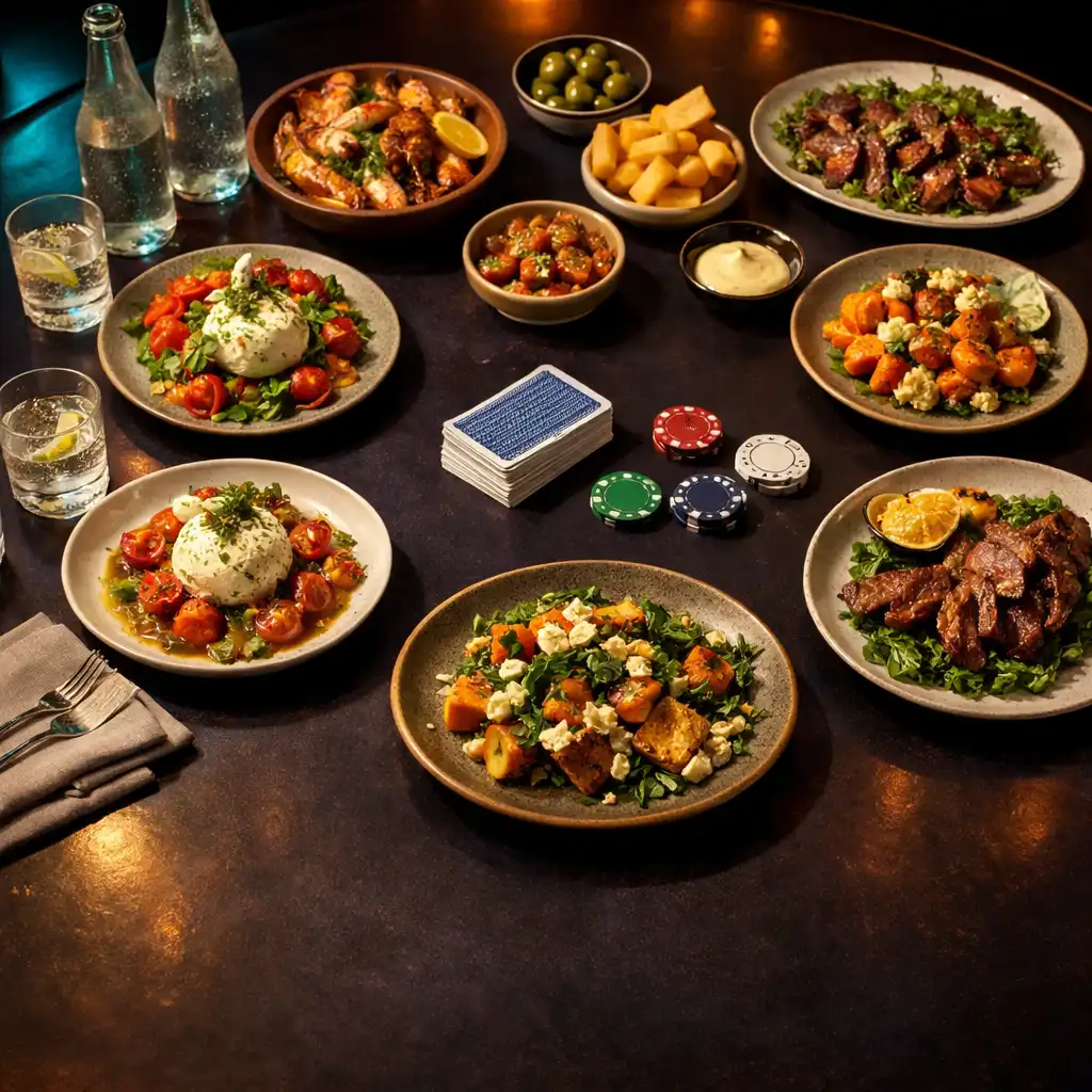 Seasonal shared plates, sparkling water, napkins, cards and non-financial table props arranged on a polished dining table.