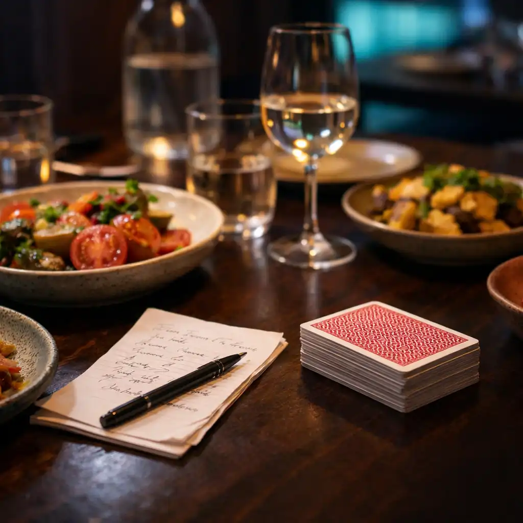 Seasonal shared plates beside a neat card layout on a restaurant dining table.