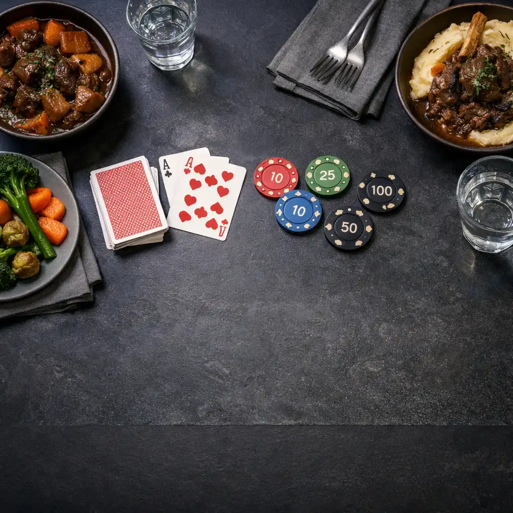 Overhead winter table setting with shared comfort food, glassware, napkins and a clear central surface.